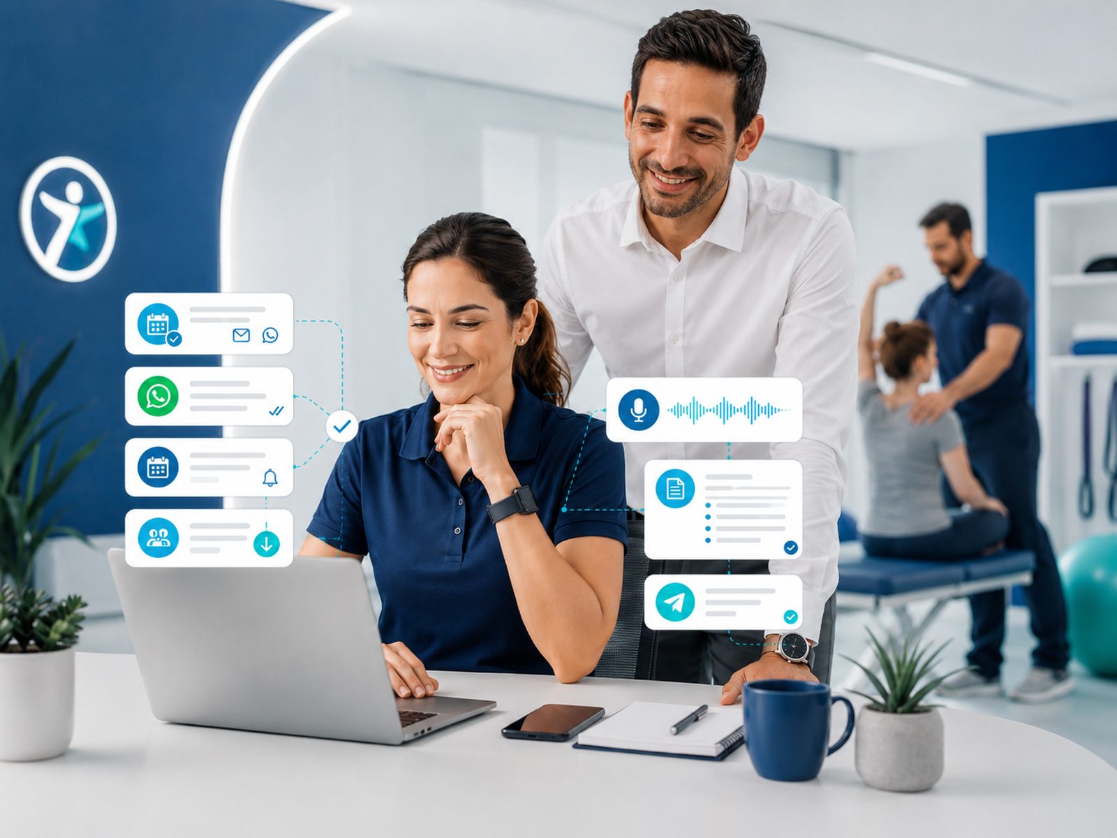 Equipo de clínica usando automatizaciones en el portátil